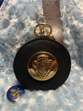 Gucci Black Leather Round Key Pouch with Gold Medallion and Blue Bee Charm